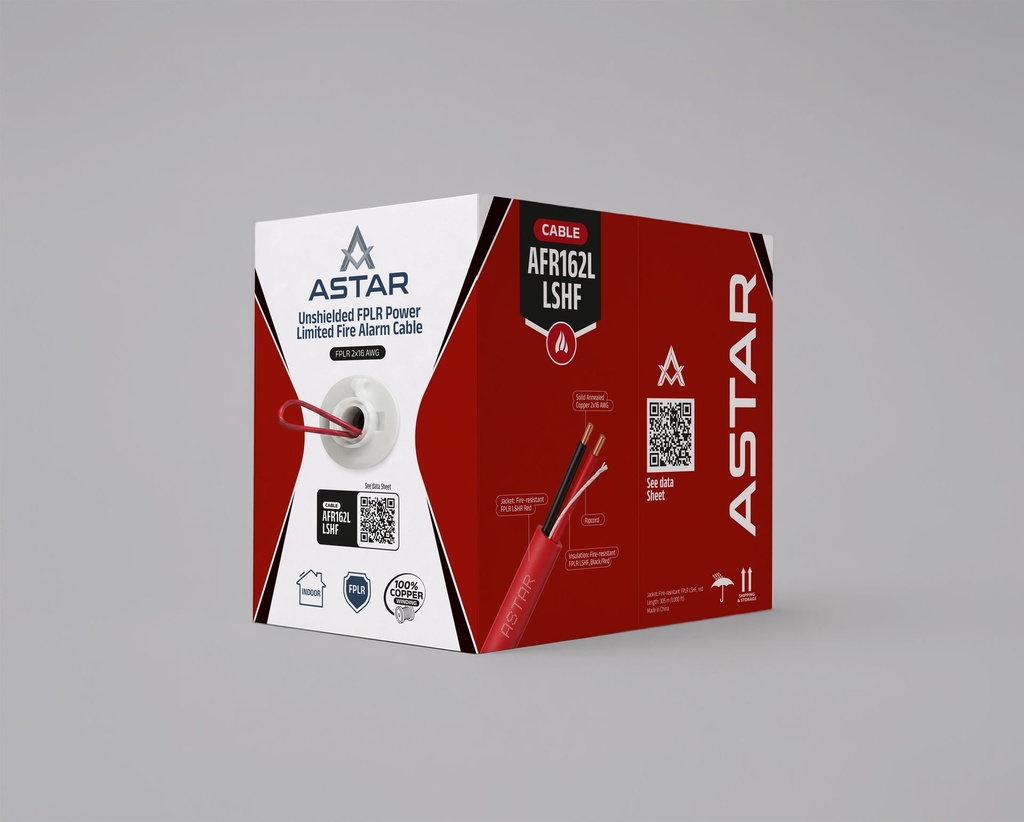 [AFR162L] ASTAR - Cable de alarma contra incendios FPLR LSHF/LSZH, 2x16 AWG, sin blindaje