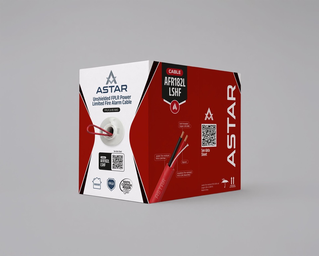 [AFR182L] ASTAR - Cable de alarma contra incendios FPLR LSHF/LSZH, 2x18 AWG, sin blindaje